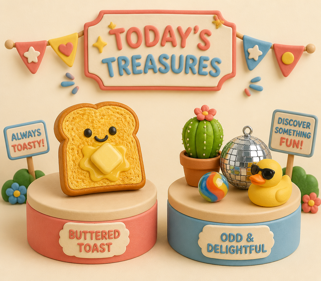 A buttered toast and a pile of odd treasures on display podiums